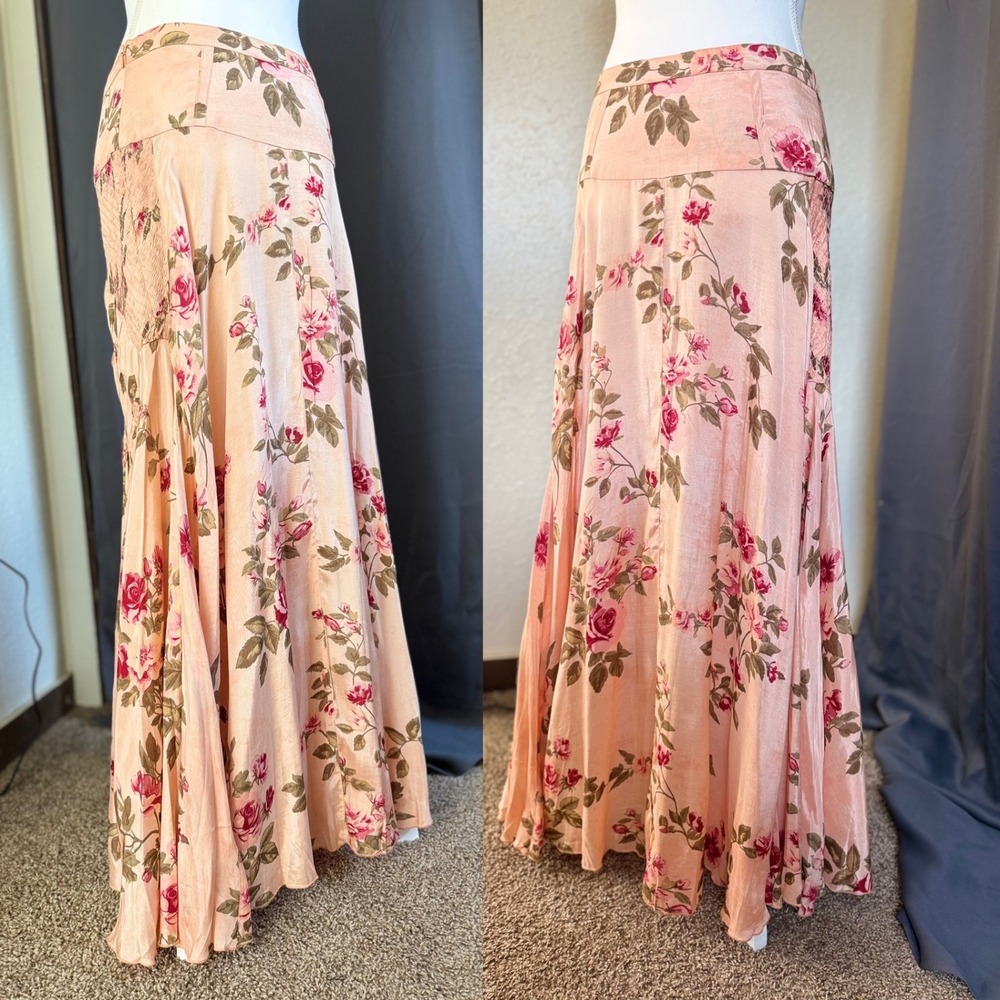 Free People Rowan Maxi Skirt Fairycore 6 Peach Pink Floral Boho Smocked Panel - Picture 7 of 13